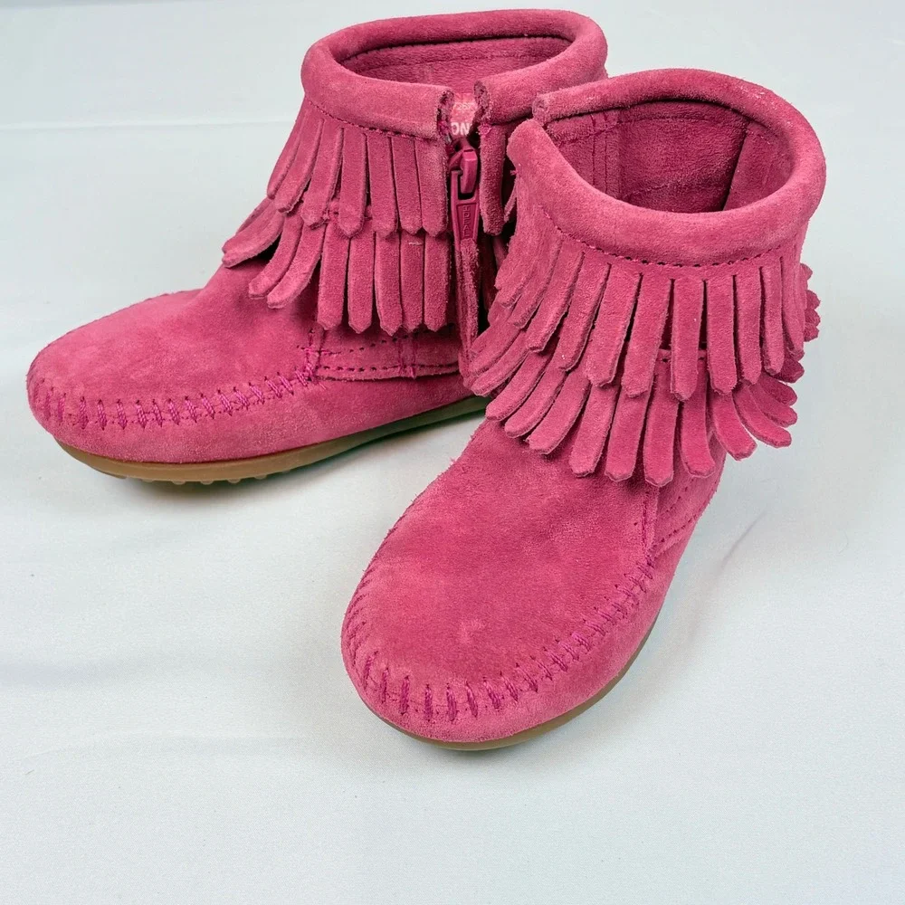 Minnetonka Toddler Hot Pink Suede Fringe Back Zip Moccasin Booties Sz 8 Cowgirl